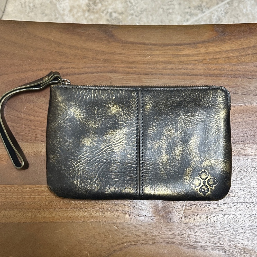 Patricia Nash Black and Bronze/Gold Leather Wristlet Clutch